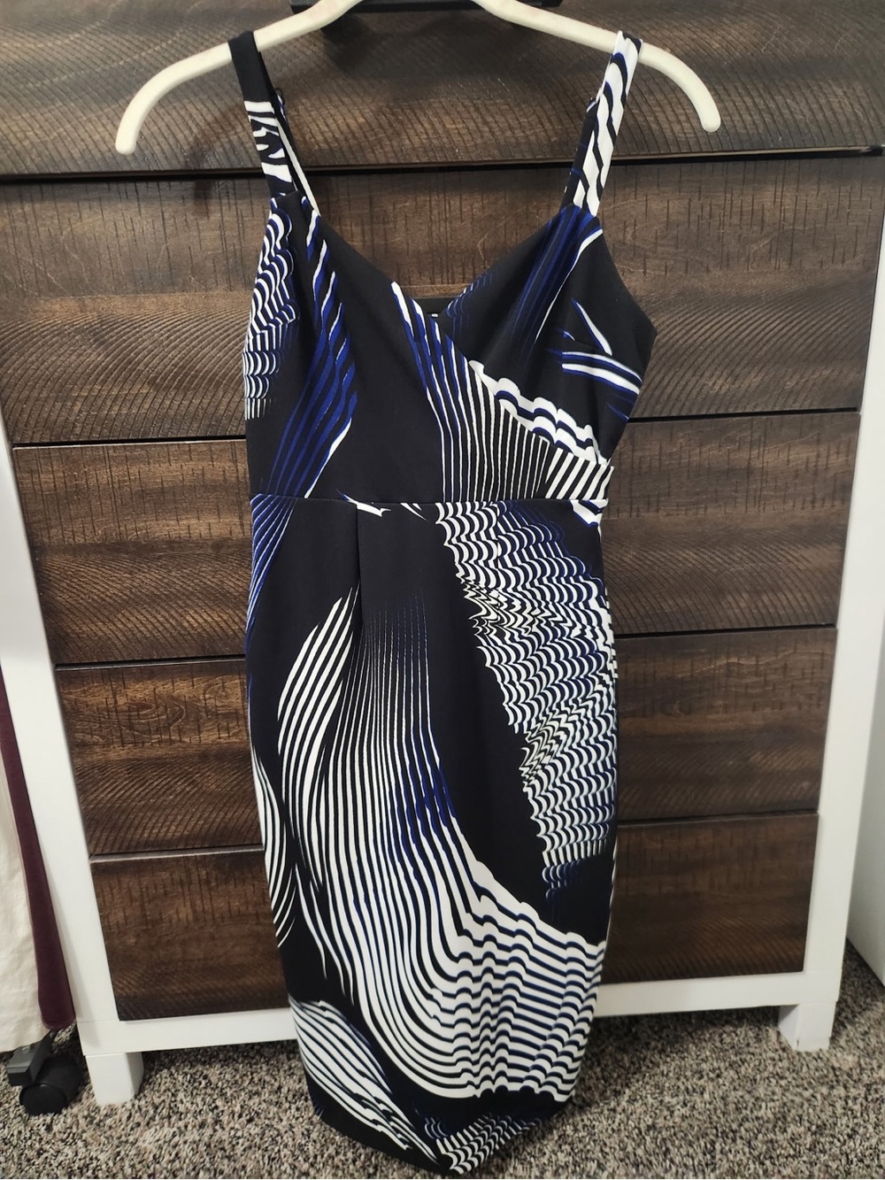 Express Black, White & Blue Patterned Sheath Dress